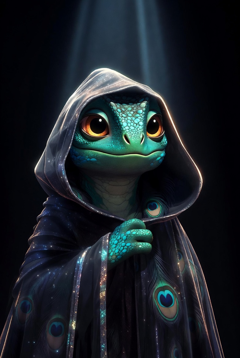 Paradox, a teal-emerald chameleon in a hooded cloak with peacock-feather details, lit from above
